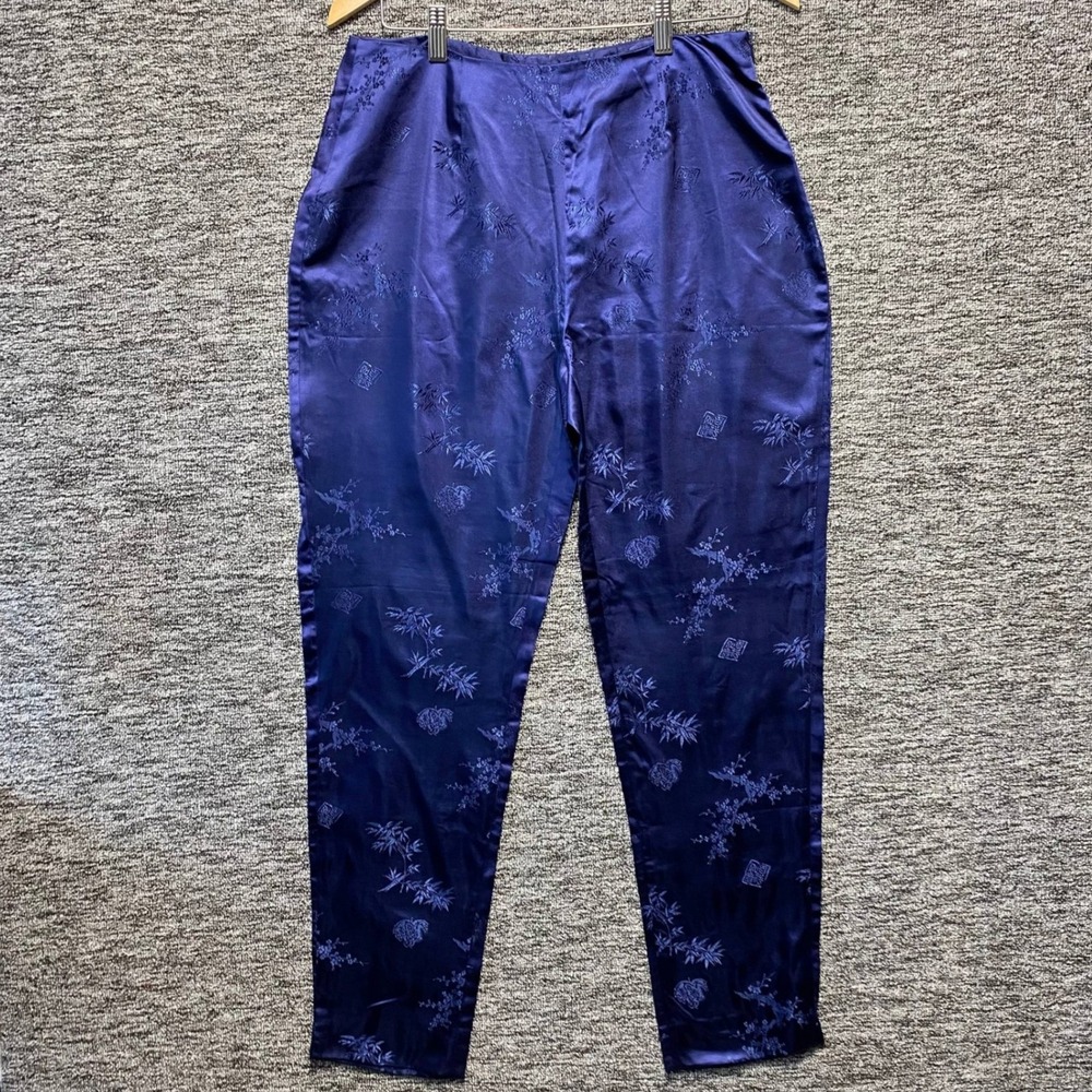 Vintage Etam Blue Satin Jacquard Trousers Pants Womens Size 42 French Floral‎